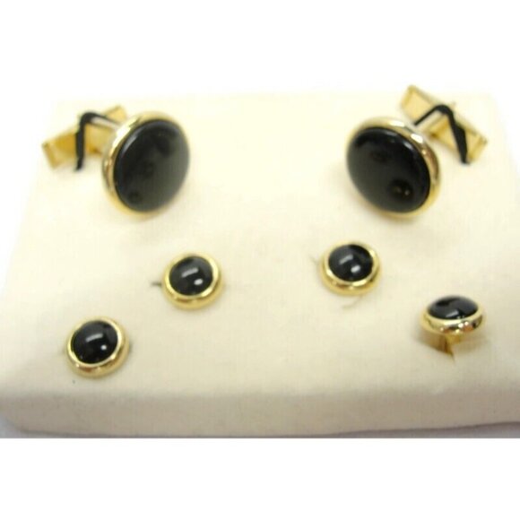 Gold Tone Black Cufflinks Shirt Buttons Set Formal Wedding Tux Vintage - Picture 2 of 11